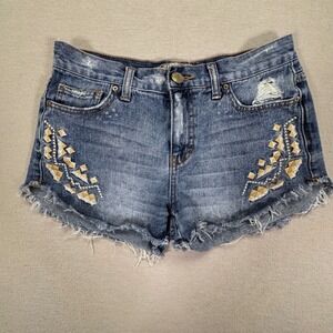 Free People Embroidered Distressed Denim Cut Off Shorts Medium Wash Blue Size 26